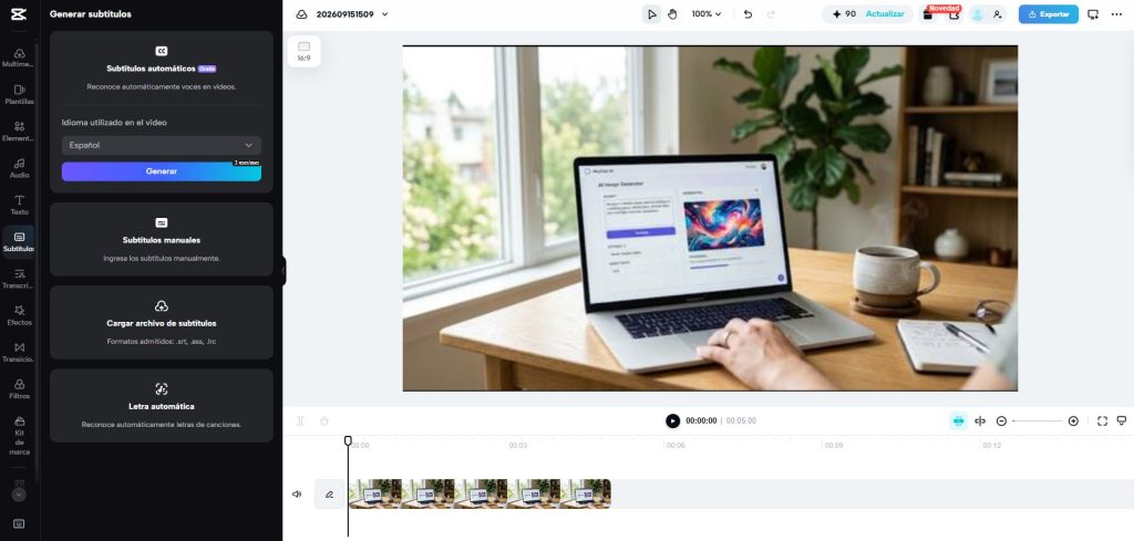 Panel de subtítulos automáticos gratis en CapCut